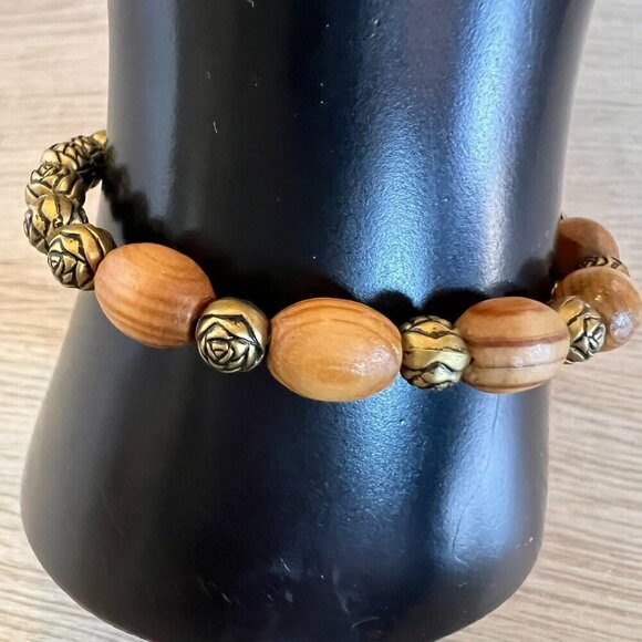 Wood and Metal Beaded Bracelet Stretch Bangle Cuff Bohemian Natural Neutral - Picture 1 of 12